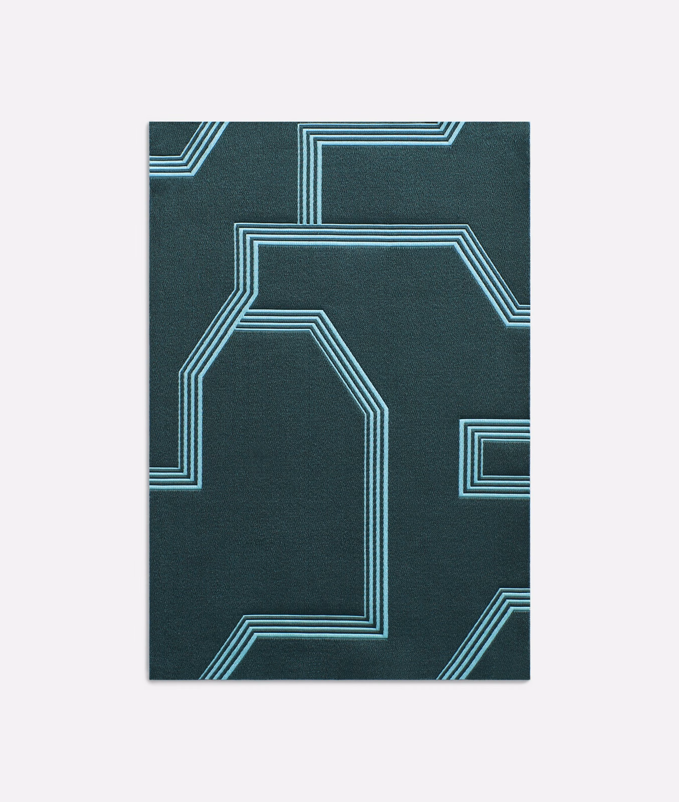 Deep pine teal jacquard with pale blue angular geometric outlines and fine woven grain