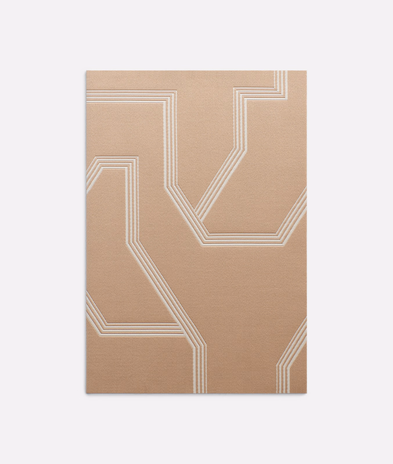 Camel-beige jacquard with ivory stepped geometric lines and a softly textured ground