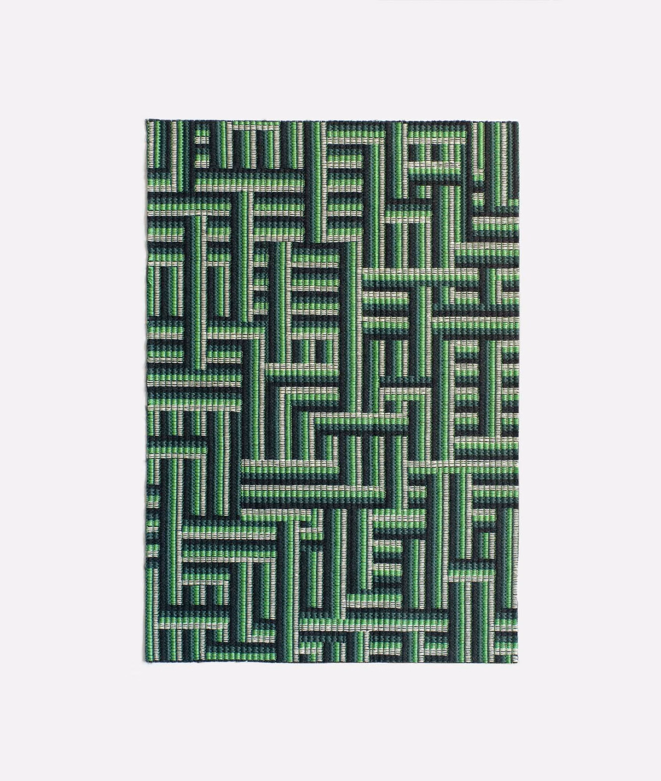 Chlorophyll green jacquard with black maze lines and pale striped geometric bars