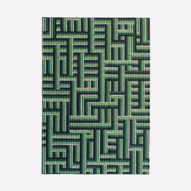Chlorophyll green jacquard with black maze lines and pale striped geometric bars