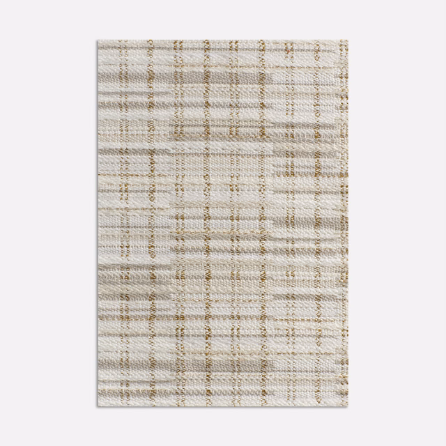 Warm ivory jacquard with taupe and muted-gold windowpane checks