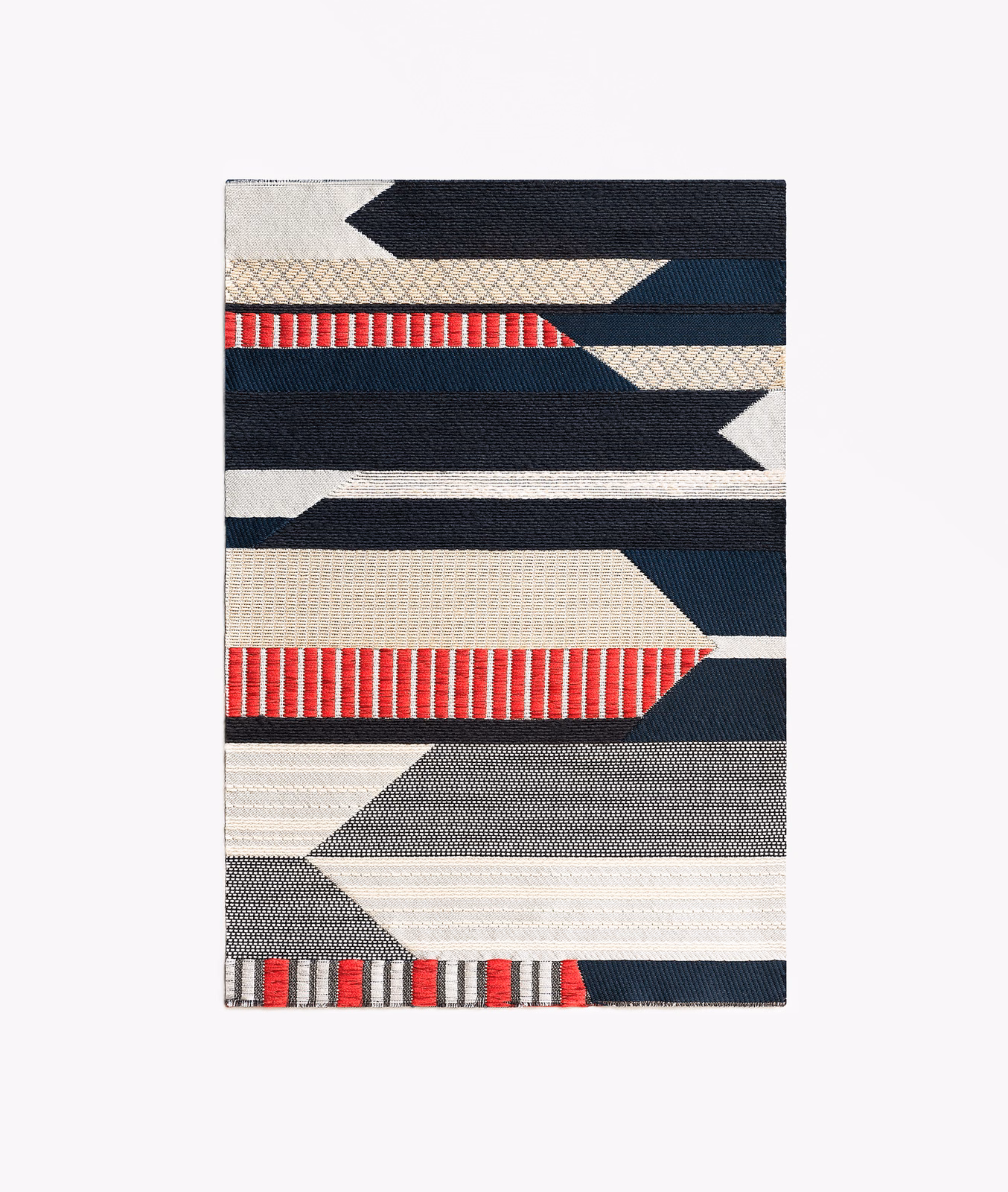 Angular jacquard bands in cream, navy, charcoal and red with fine woven texture