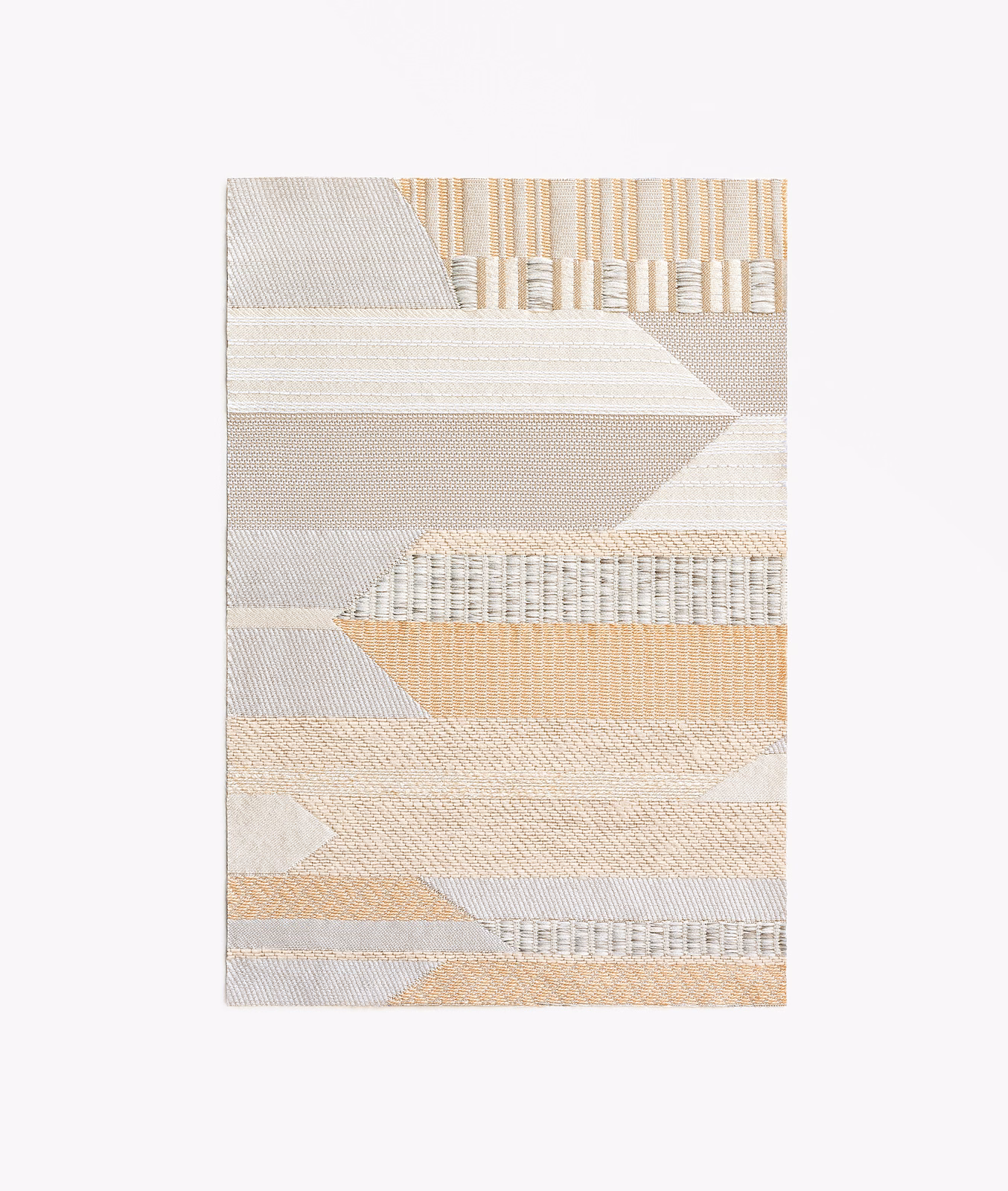 Oatmeal and soft grey geometric jacquard with ribbed bands and arrow forms