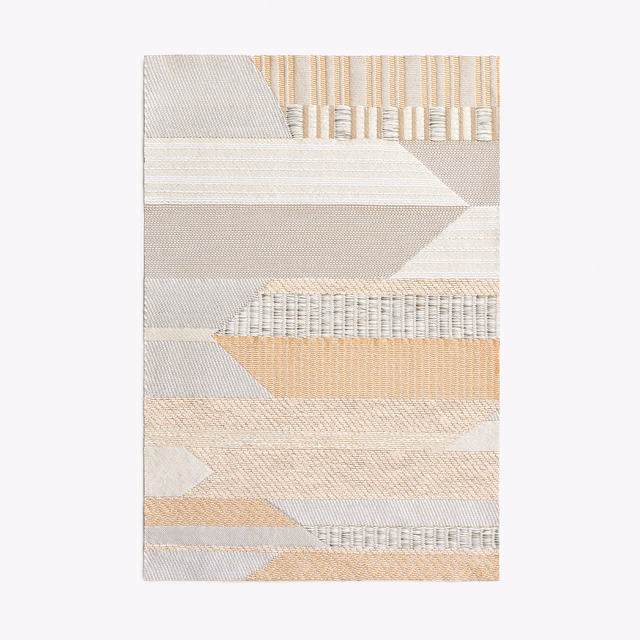 Oatmeal and soft grey geometric jacquard with ribbed bands and arrow forms