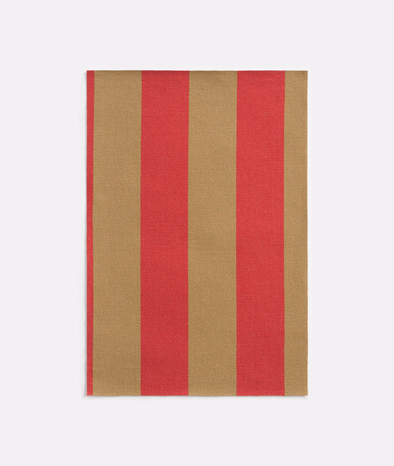 Ruby-red and camel vertical stripes with a fine, subtly textured weave