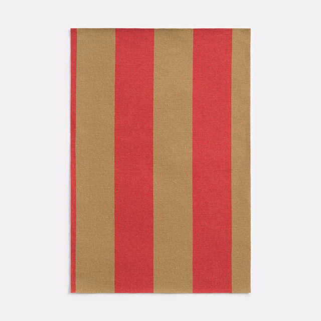 Ruby-red and camel vertical stripes with a fine, subtly textured weave