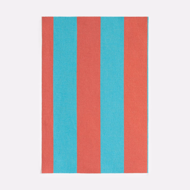 Turquoise and coral-red vertical stripes with a fine woven jacquard texture
