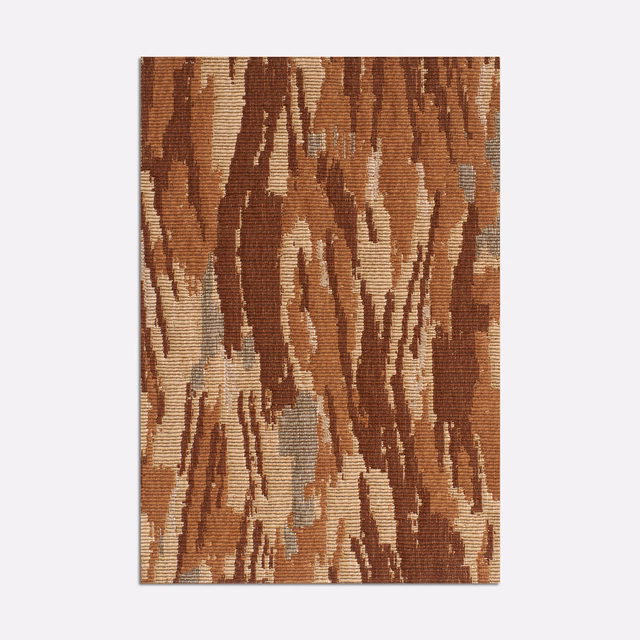 Rust and umber vertical jacquard streaks with cream and cool-grey flecks