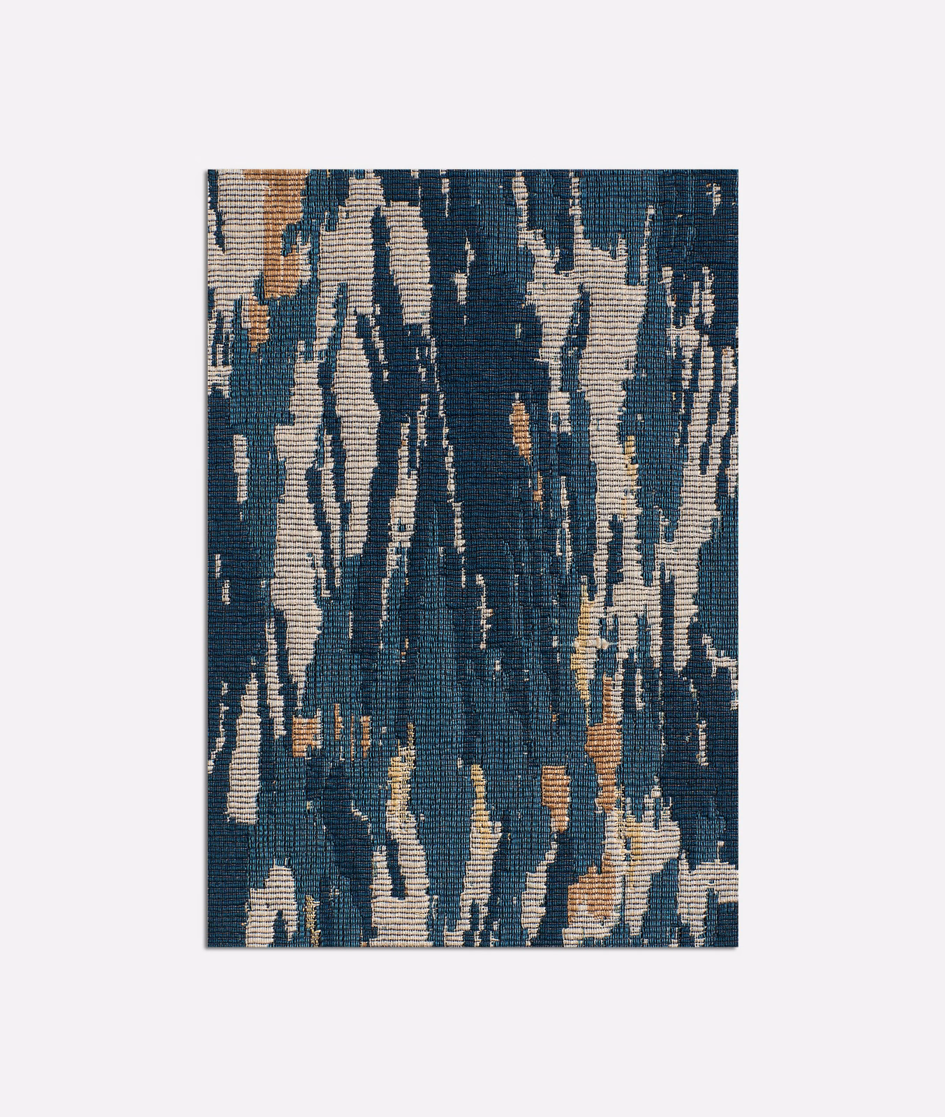 Inky blue jacquard with cream, taupe and rust vertical abstract streaks