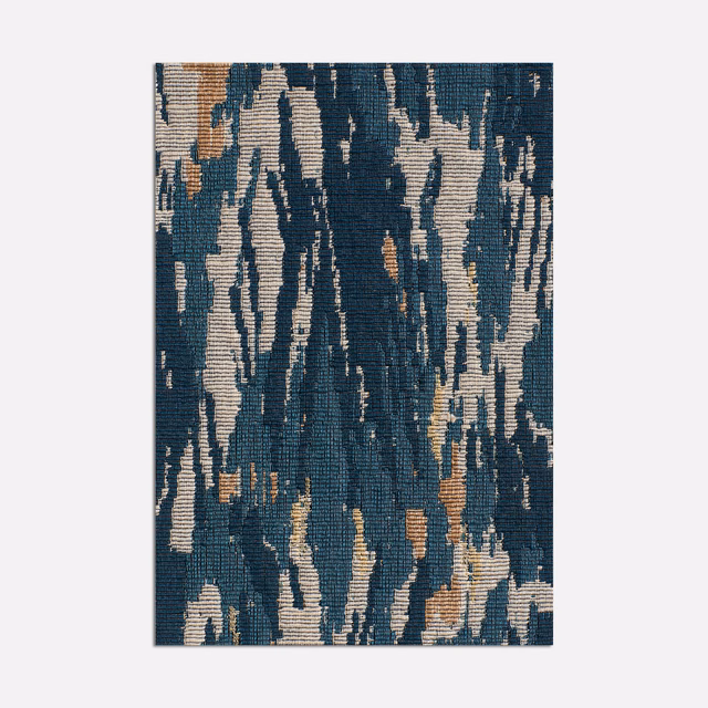 Inky blue jacquard with cream, taupe and rust vertical abstract streaks