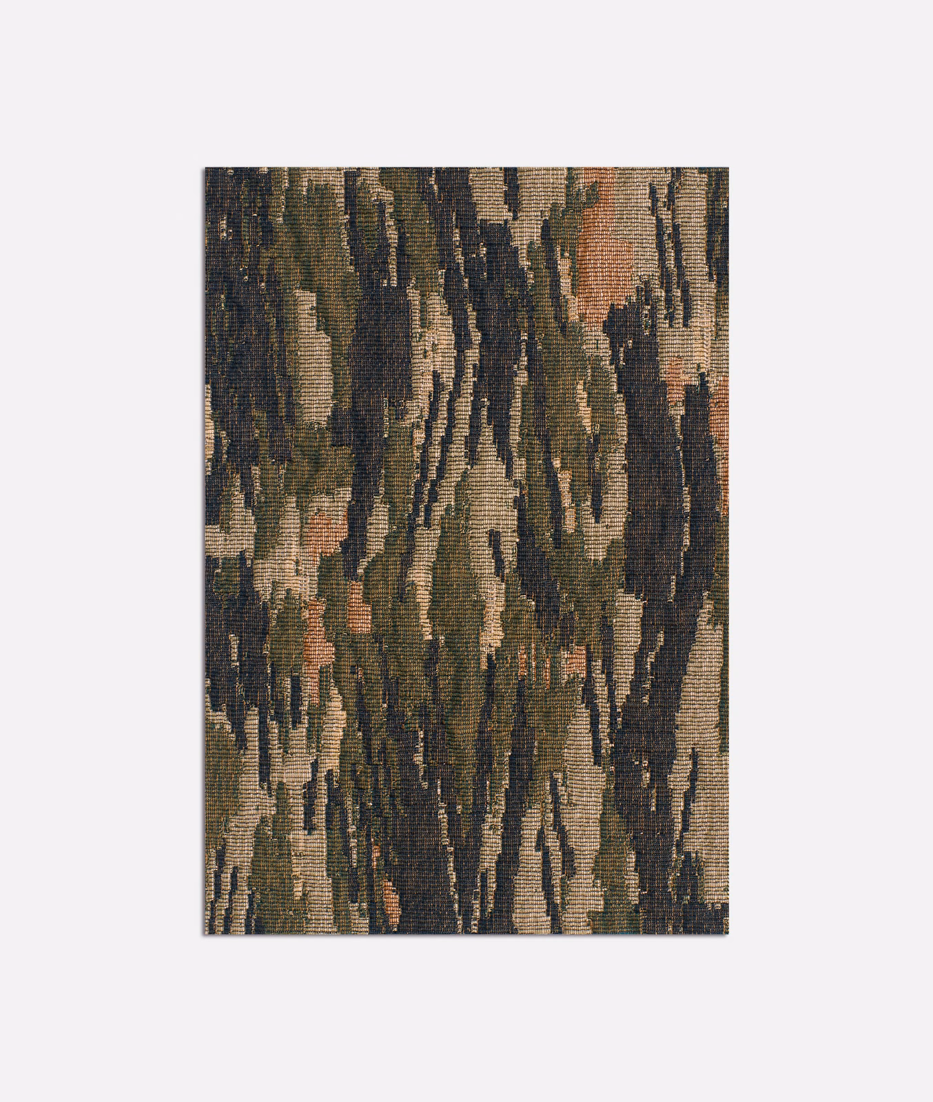 Dense jacquard with olive, charcoal, taupe and rust vertical abstract striations