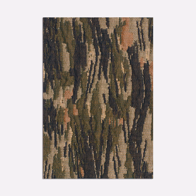 Dense jacquard with olive, charcoal, taupe and rust vertical abstract striations