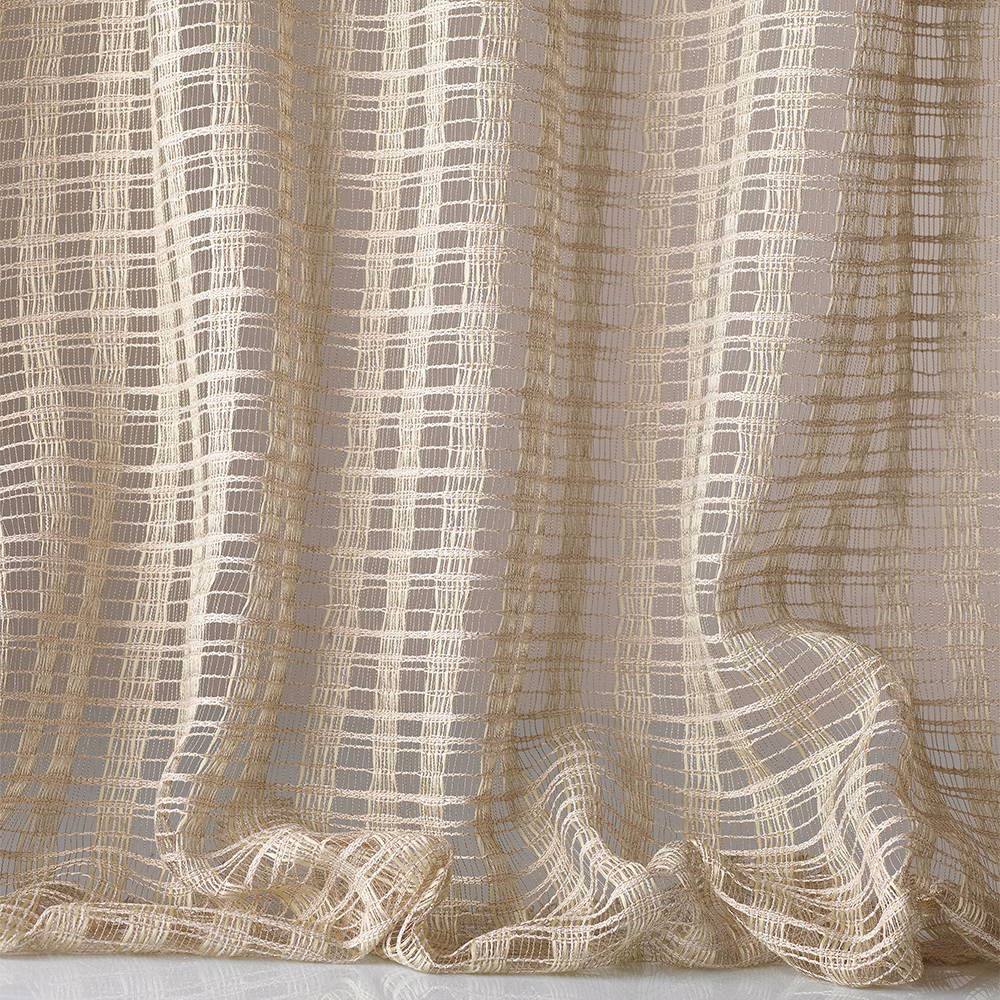Warm ivory taupe gauze with irregular white vertical grid stripes in gathered folds