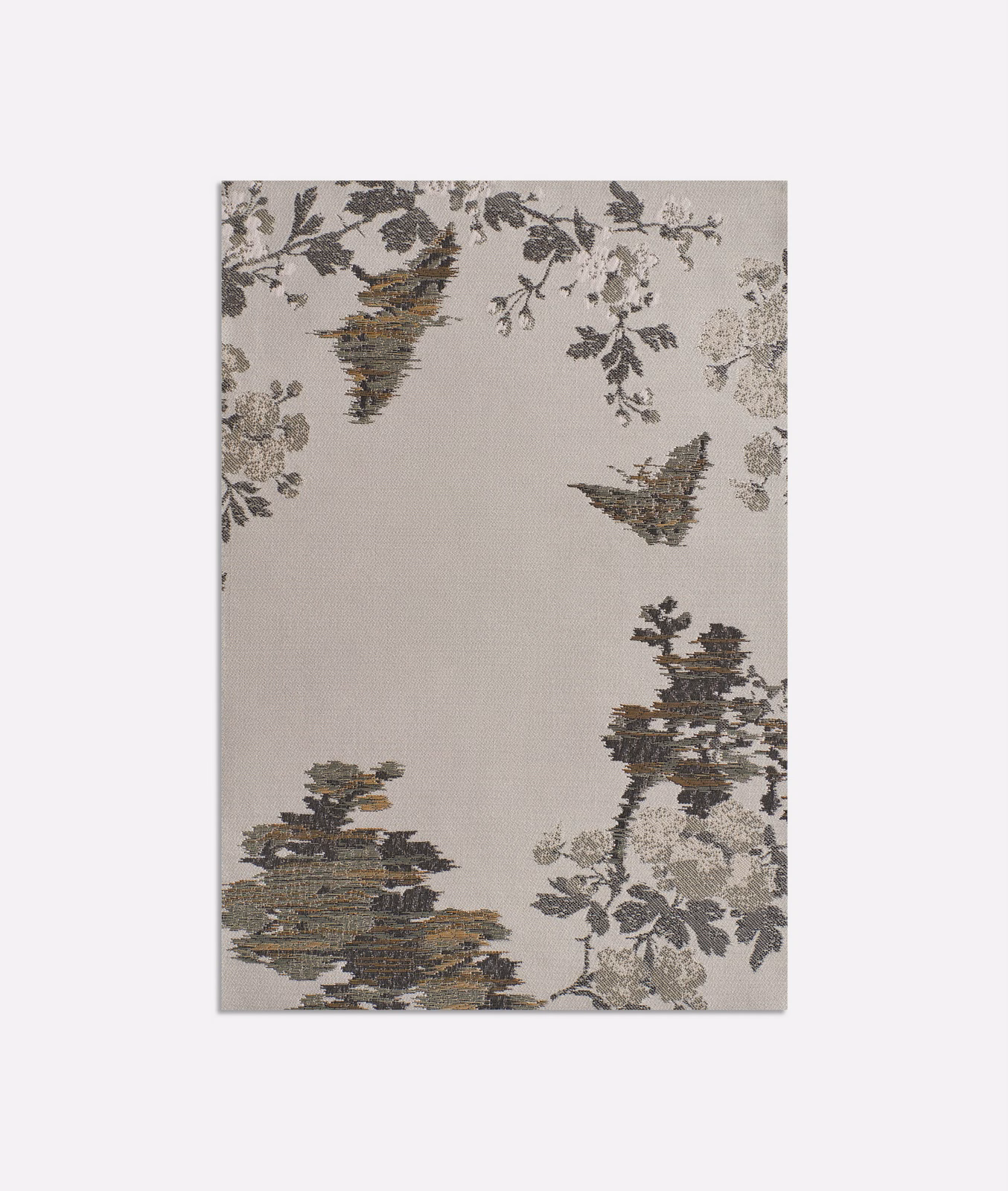 Warm taupe jacquard with charcoal foliage, muted ochre layers and scattered butterfly motifs