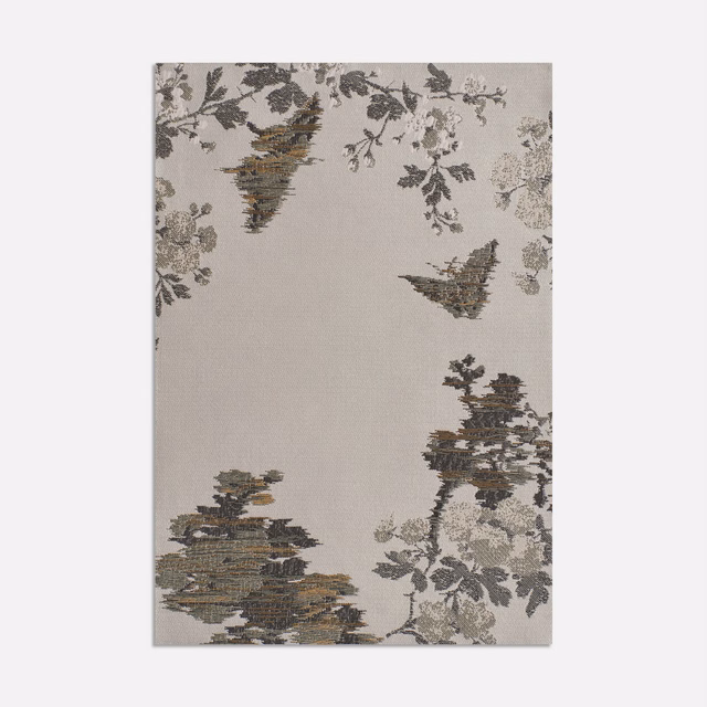 Warm taupe jacquard with charcoal foliage, muted ochre layers and scattered butterfly motifs