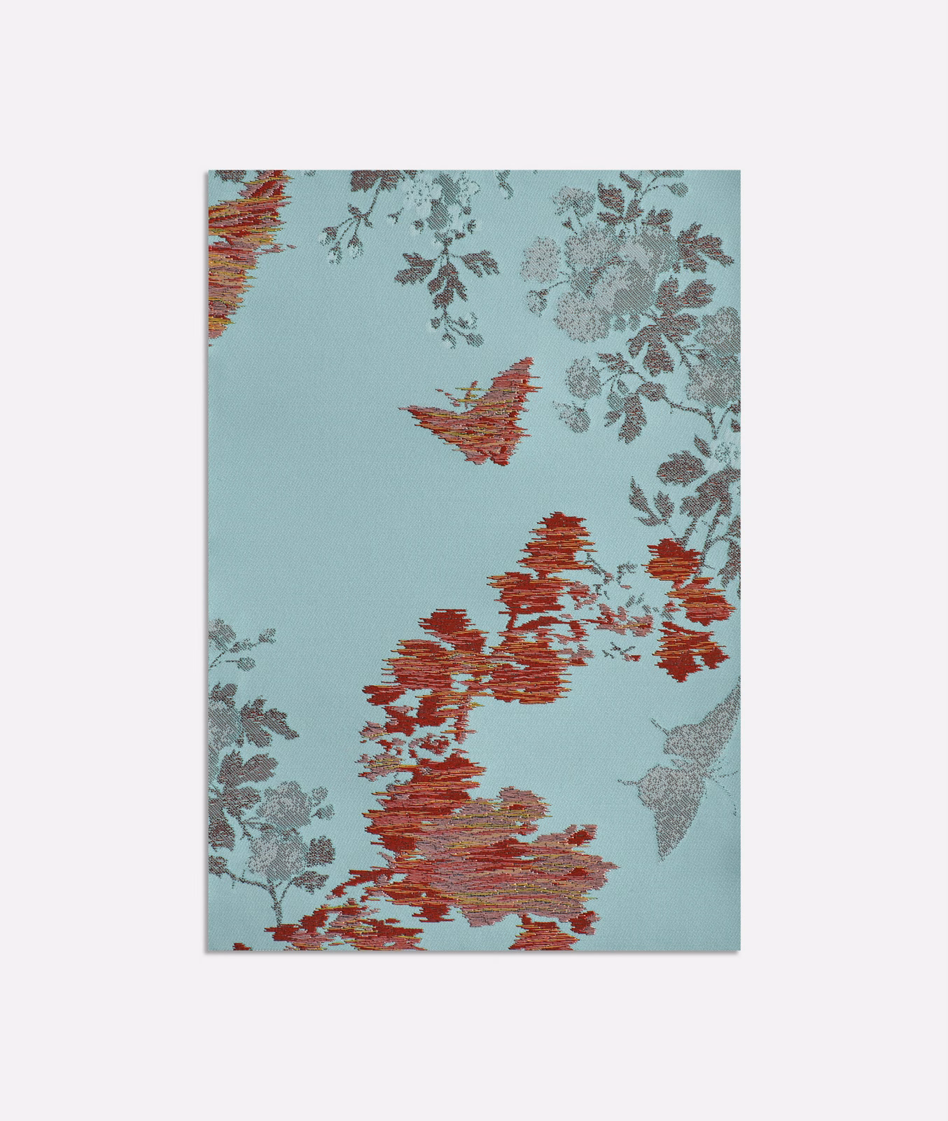 Pale aqua jacquard with rust-red botanical strokes and grey-blue butterflies