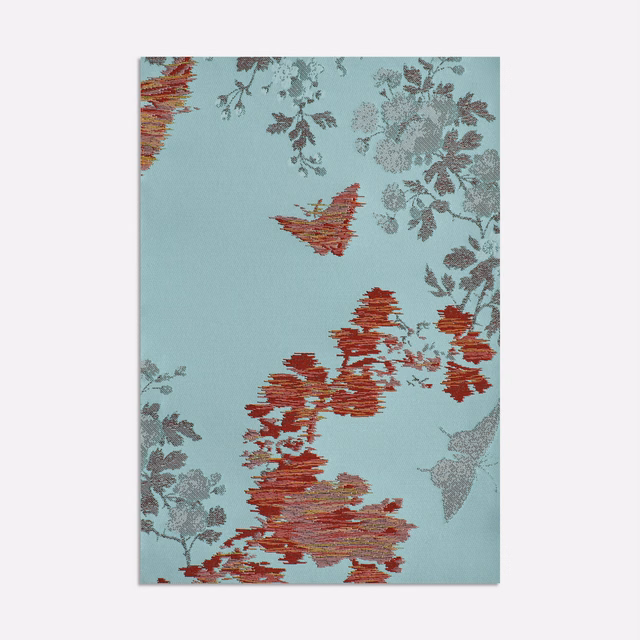 Pale aqua jacquard with rust-red botanical strokes and grey-blue butterflies
