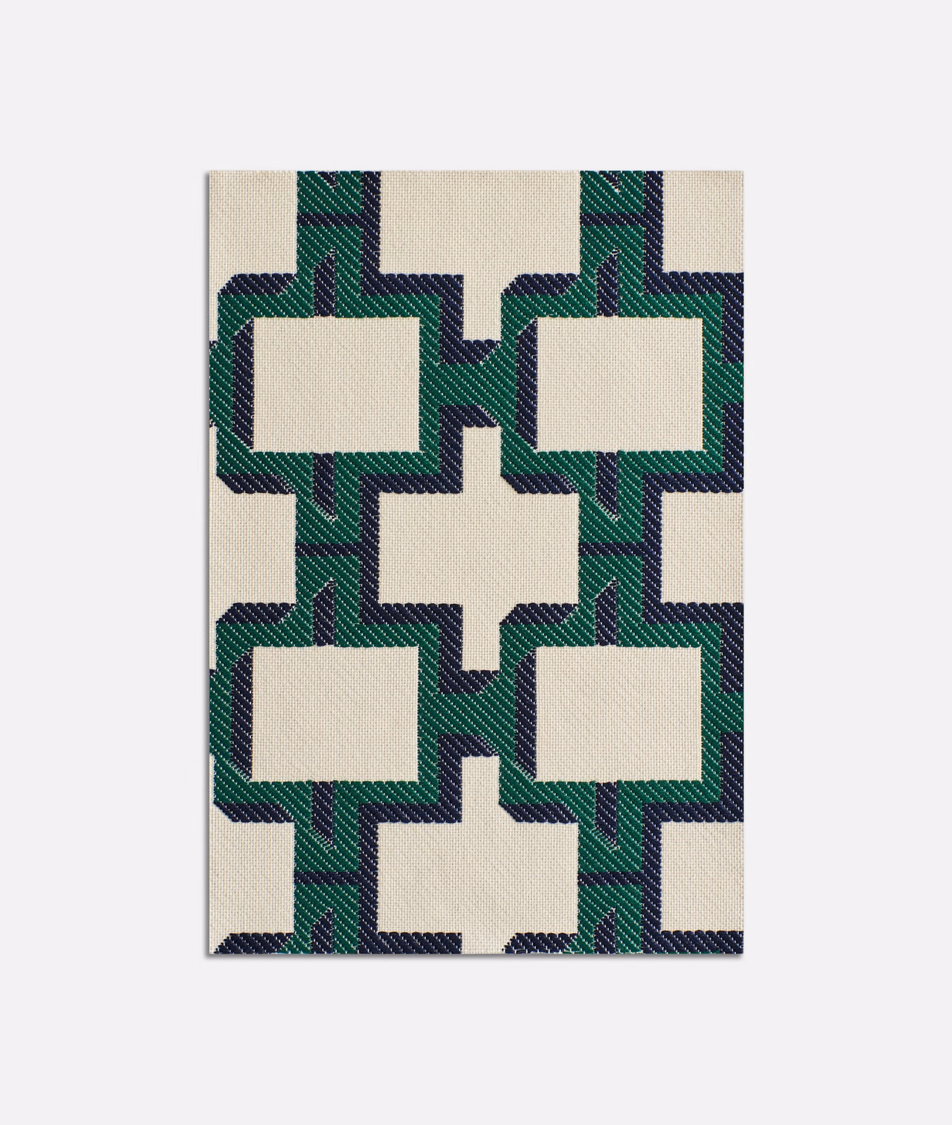 Cream jacquard with interlocking emerald green and deep navy geometric blocks