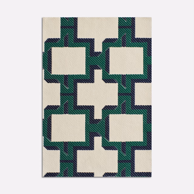 Cream jacquard with interlocking emerald green and deep navy geometric blocks