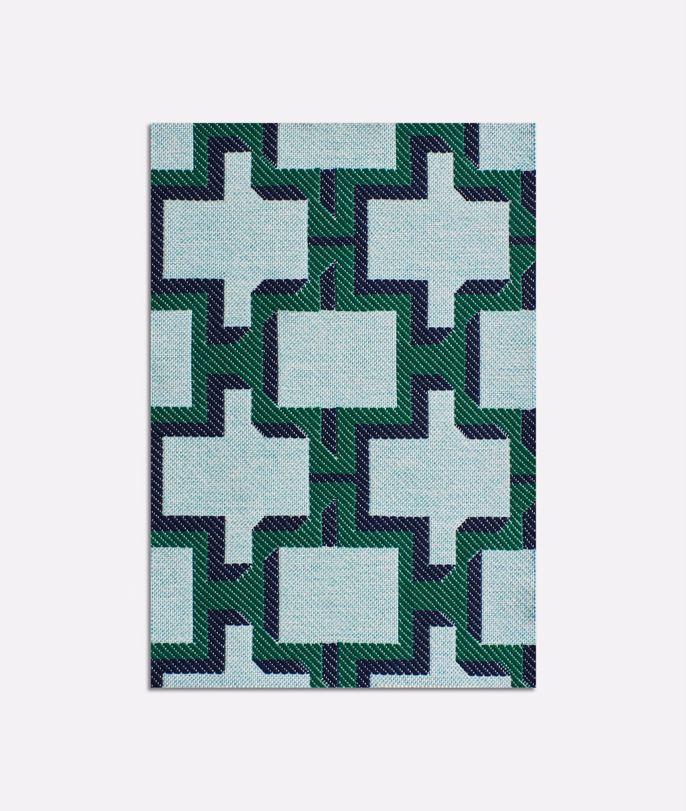 Pale aqua jacquard with navy and green interlocking geometric blocks