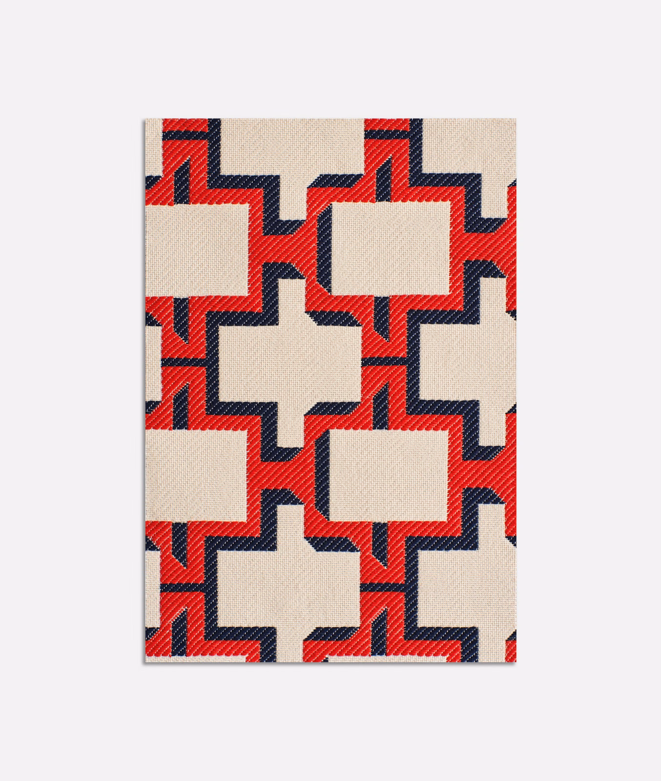 Red, navy and ivory jacquard with a large stepped geometric repeat