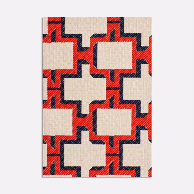 Red, navy and ivory jacquard with a large stepped geometric repeat