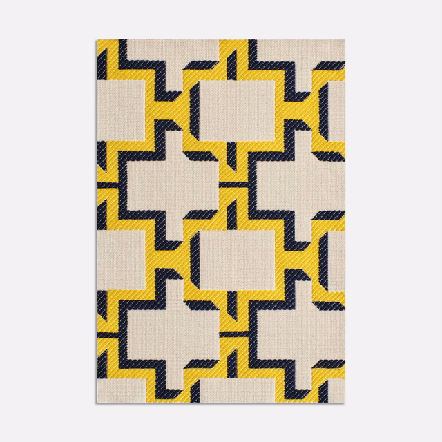 Cream jacquard with navy and yellow stepped geometric blocks