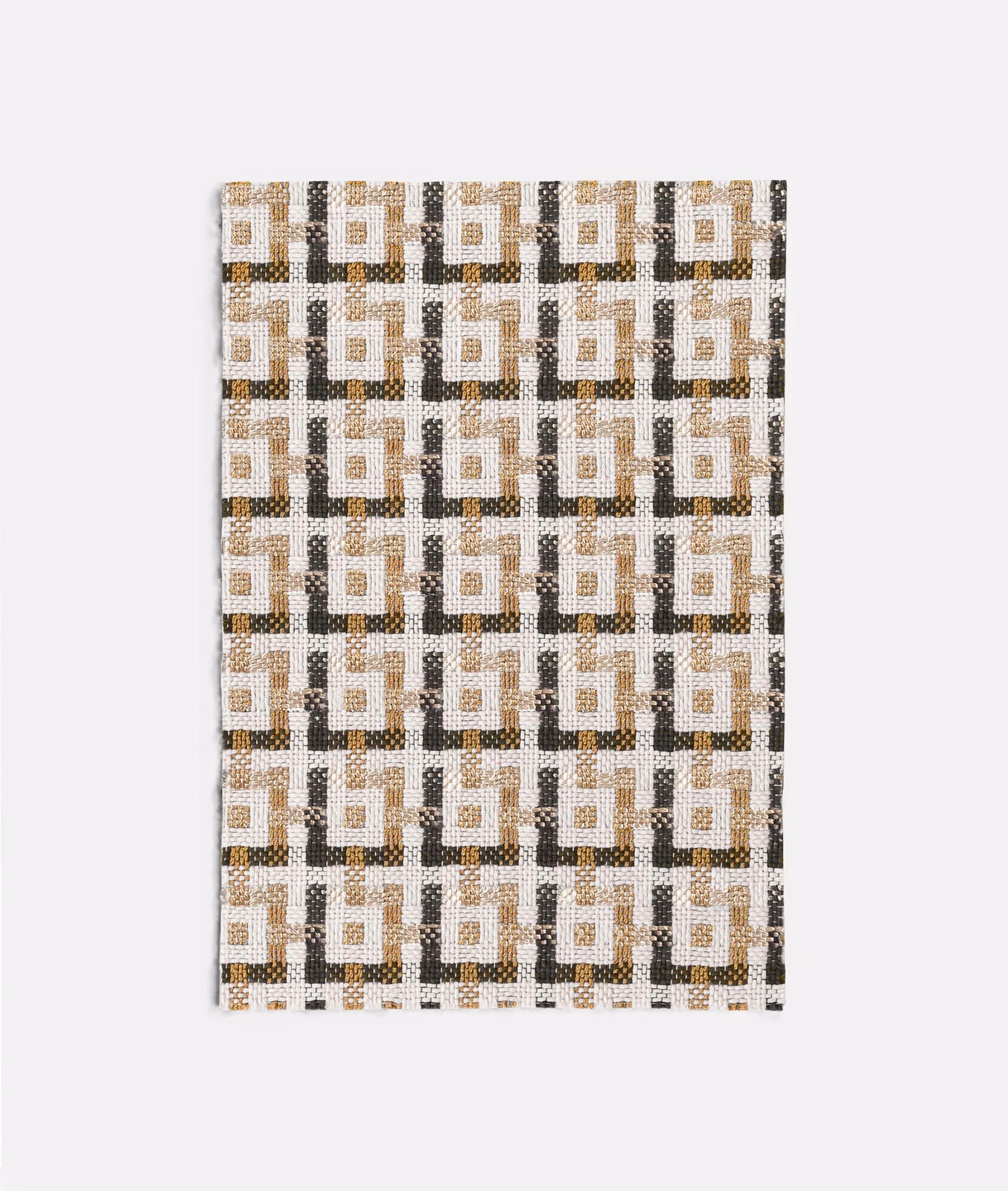 Cream, gold and black jacquard with repeating interlocking square motifs and textured weave
