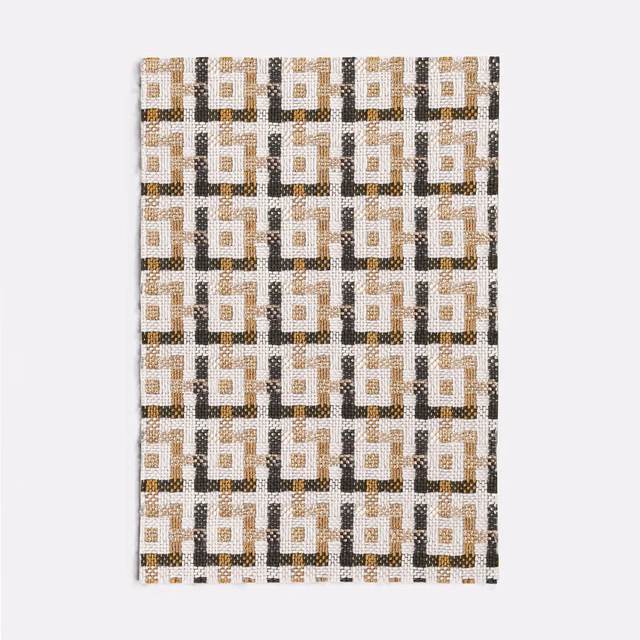 Cream, gold and black jacquard with repeating interlocking square motifs and textured weave