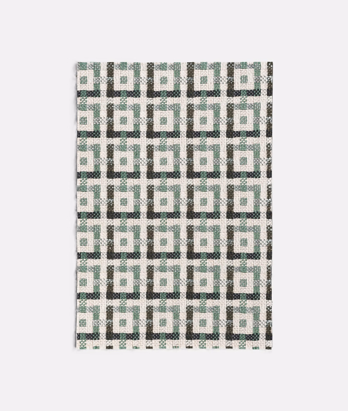 Jade green, cream and charcoal woven jacquard with repeating interlocking square motifs