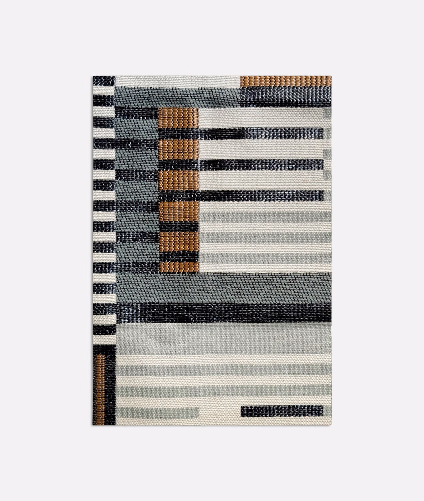 Muted lagoon jacquard with horizontal stripes, charcoal bars and copper-brown woven blocks