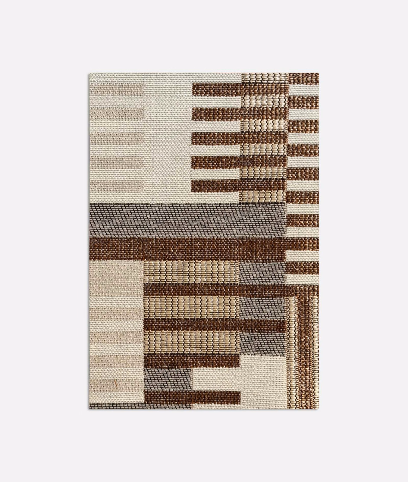 Tobacco brown and cream geometric jacquard with charcoal-grey woven blocks
