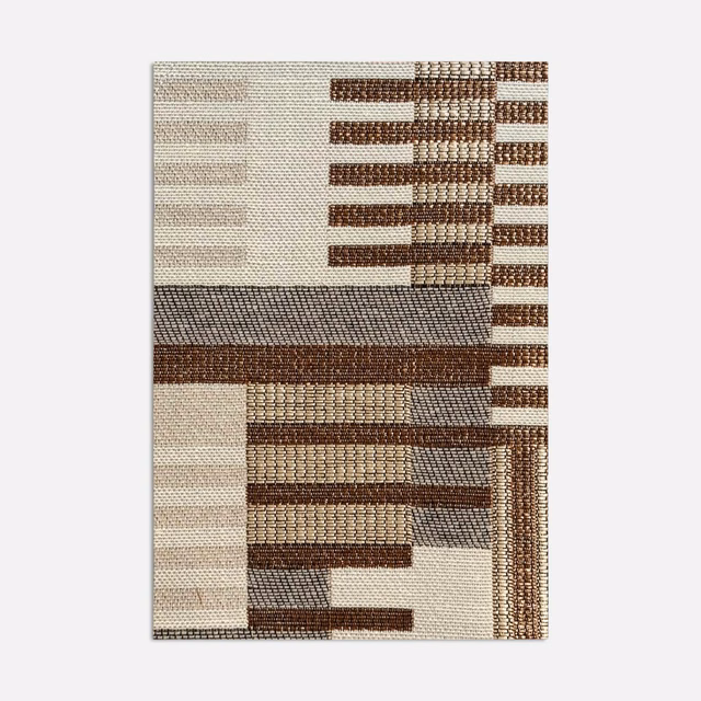 Tobacco brown and cream geometric jacquard with charcoal-grey woven blocks