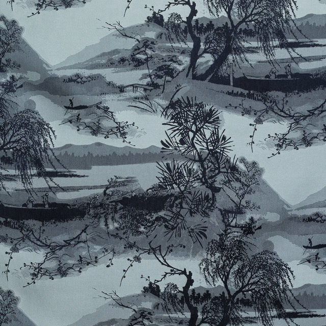 Blue-grey jacquard with dark pine trees, layered mountains and quiet water