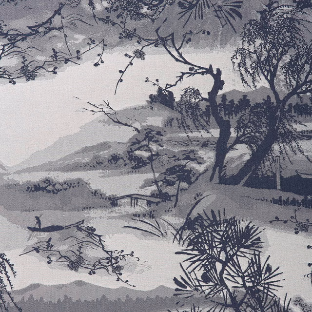 Blue-grey jacquard showing trees, distant hills, bridge and layered landscape scene