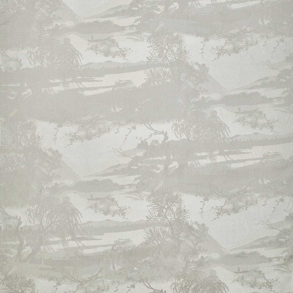 Pale pearl-grey jacquard with misty trees, layered hills and soft green-grey washes