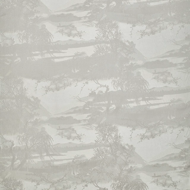 Pale pearl-grey jacquard with misty trees, layered hills and soft green-grey washes