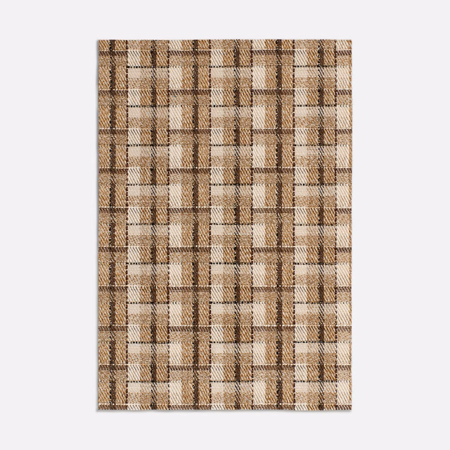 Warm amber and cream plaid jacquard with fine dark brown overchecks