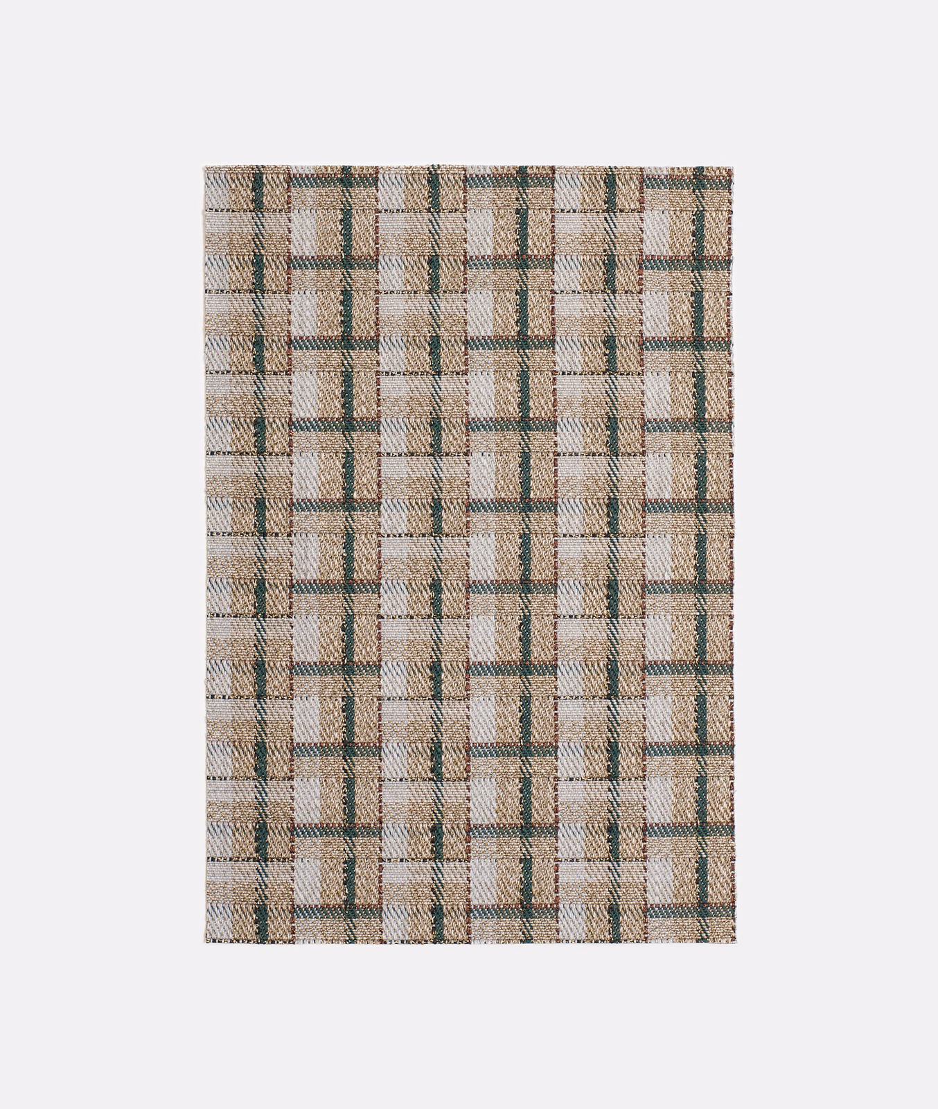 Beige and forest-green jacquard with an irregular checked grid and tactile weave