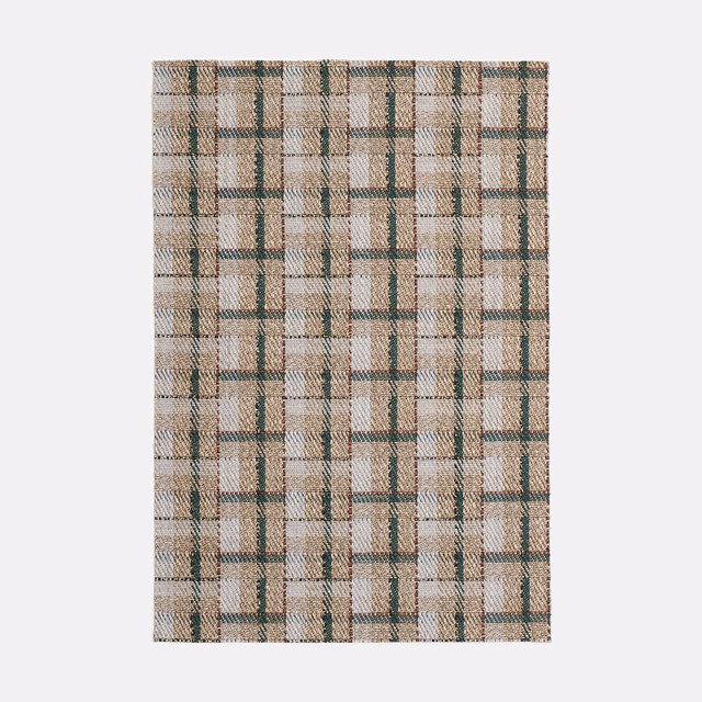 Beige and forest-green jacquard with an irregular checked grid and tactile weave