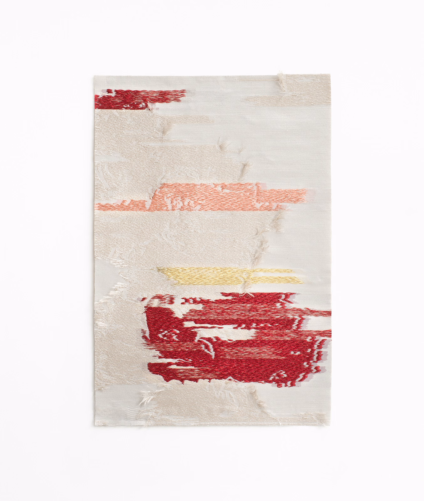 Ivory jacquard with crimson, coral and ochre painterly horizontal bands