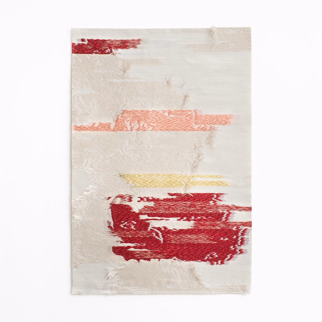 Ivory jacquard with crimson, coral and ochre painterly horizontal bands