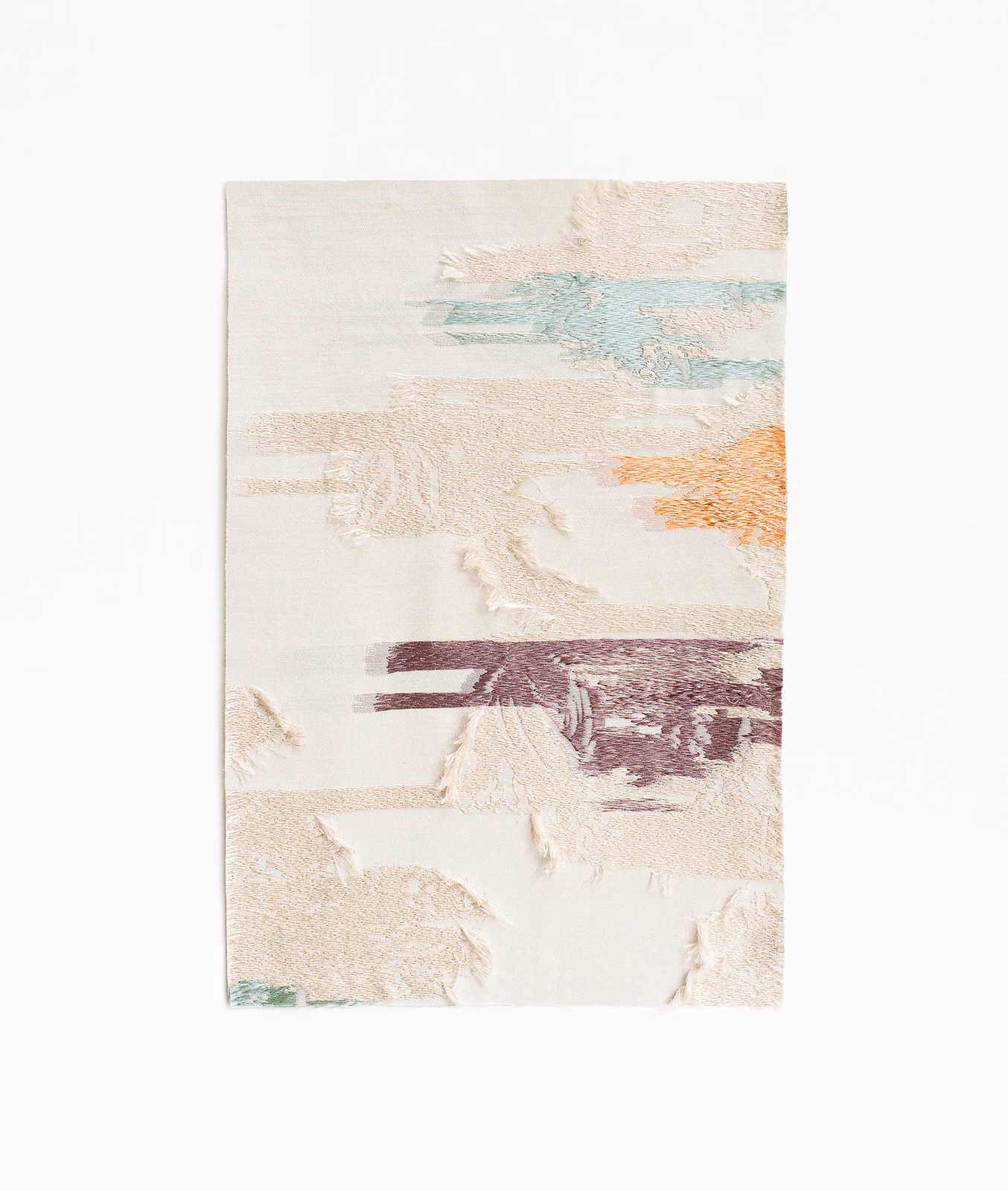Ivory jacquard with raised painterly bands in aqua, orange and plum