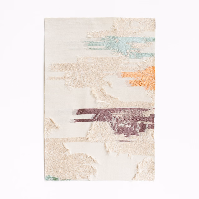 Ivory jacquard with raised painterly bands in aqua, orange and plum
