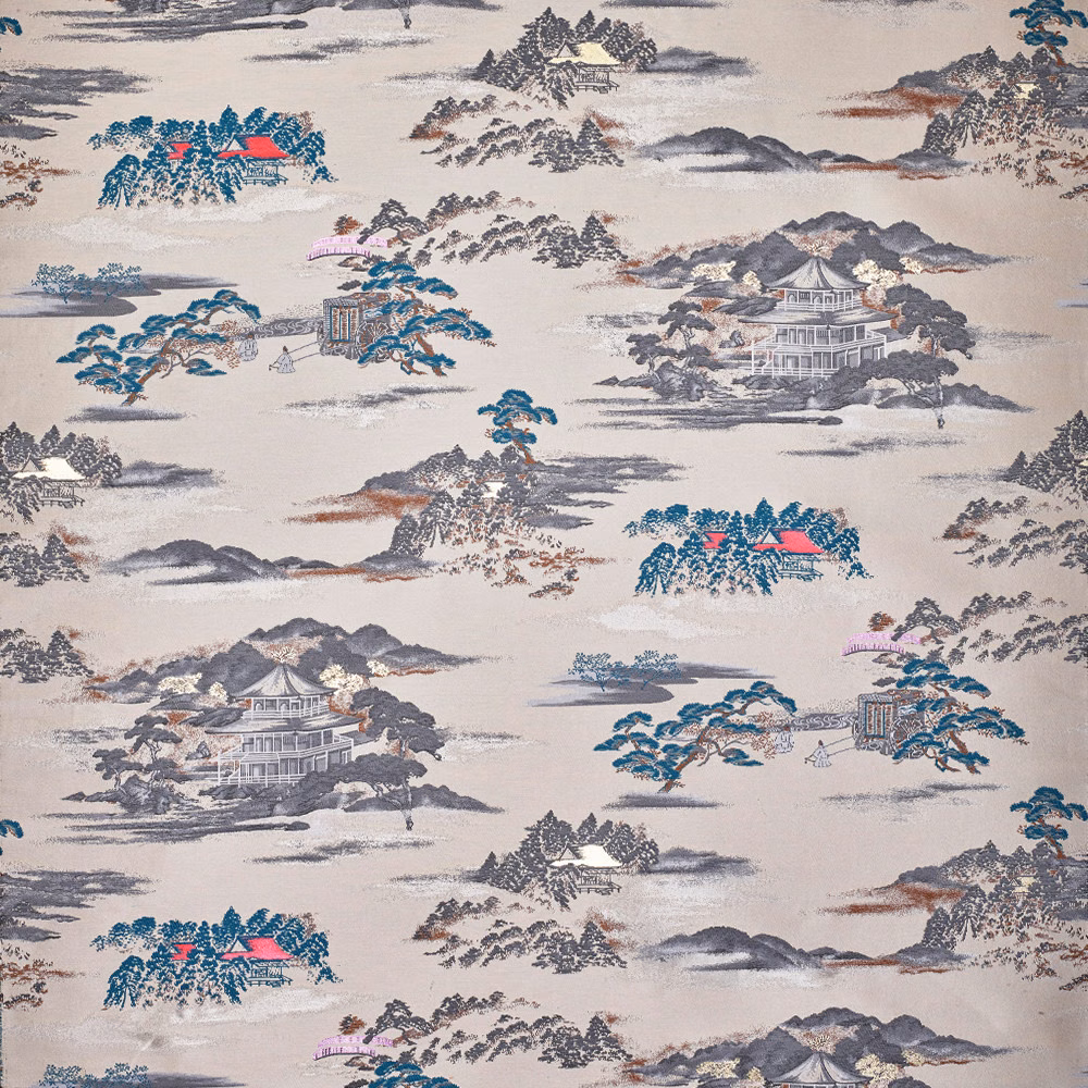 Ivory jacquard with blue-grey mountain scenes, teal trees and pink details