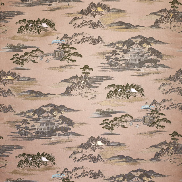 Dusty rose jacquard with woven pagodas, mountains, trees and muted blue accents