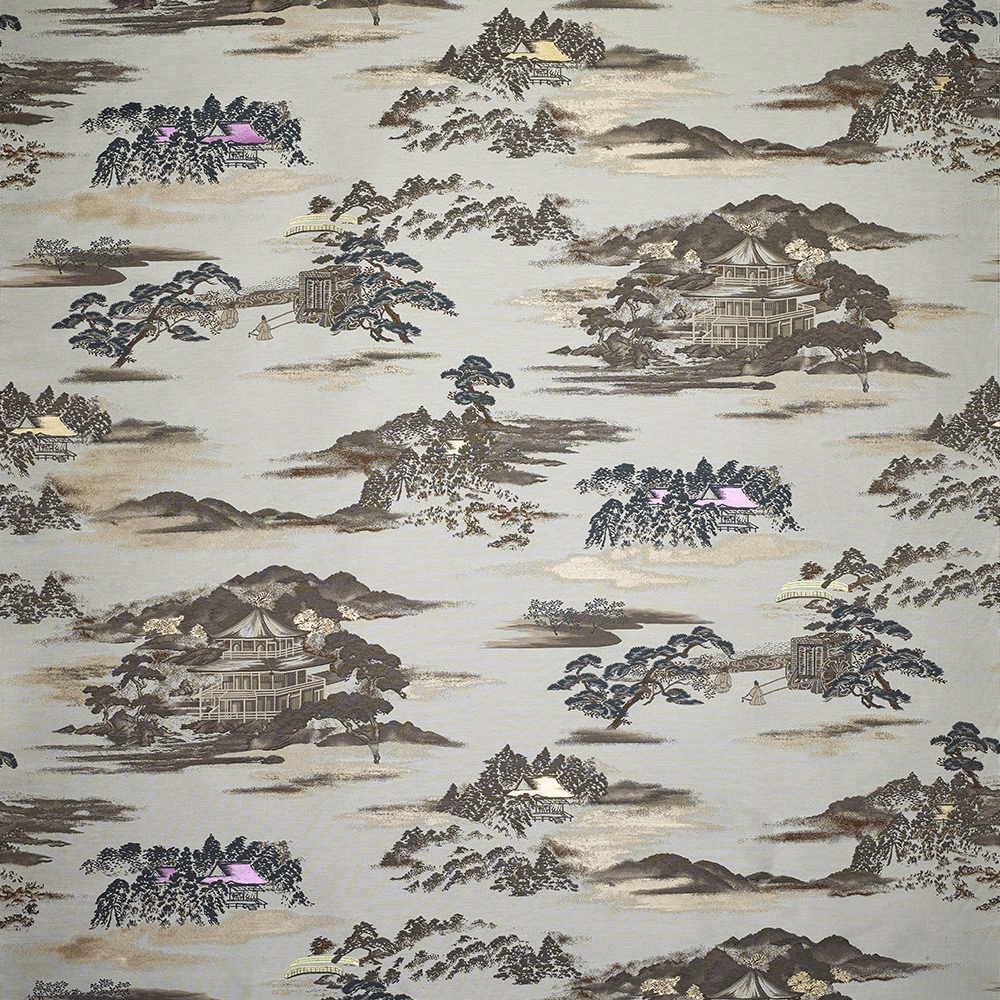 Pale blue-grey jacquard with ink-toned mountains, pagodas, trees and mauve roofs