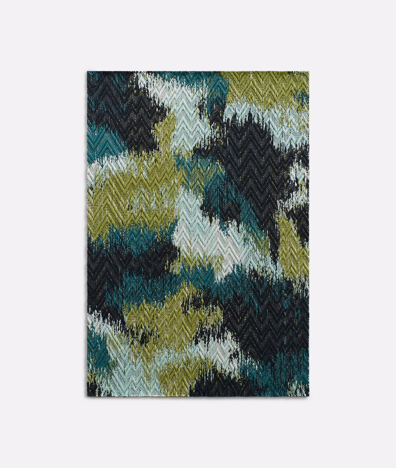 Teal, olive and charcoal jacquard with pale aqua zigzag blocks and textured weave
