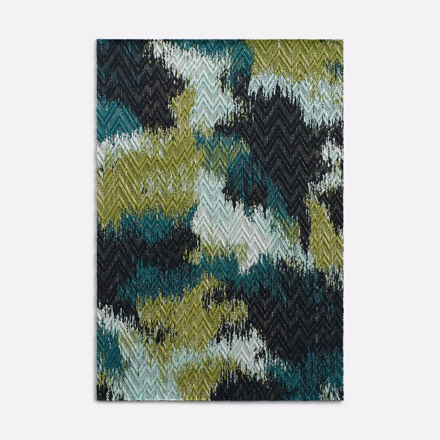 Teal, olive and charcoal jacquard with pale aqua zigzag blocks and textured weave