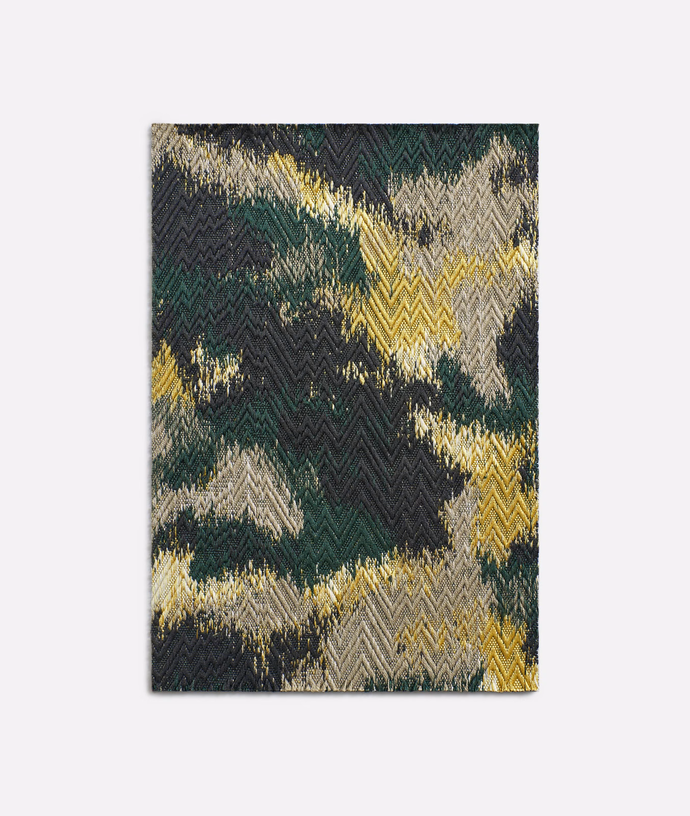 Forest green and ochre Erbaluce jacquard with charcoal chevrons and chalky abstract patches